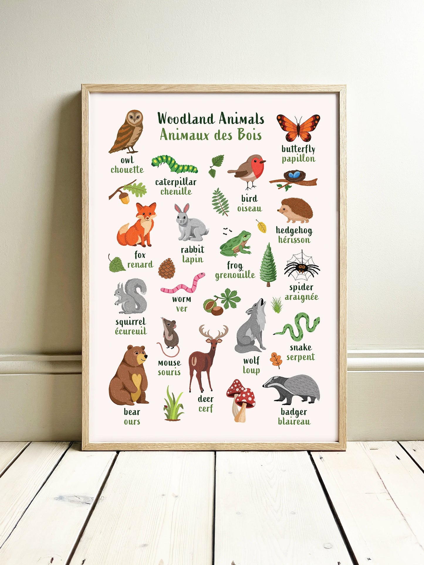 Learn English & French with Woodland Animals Poster