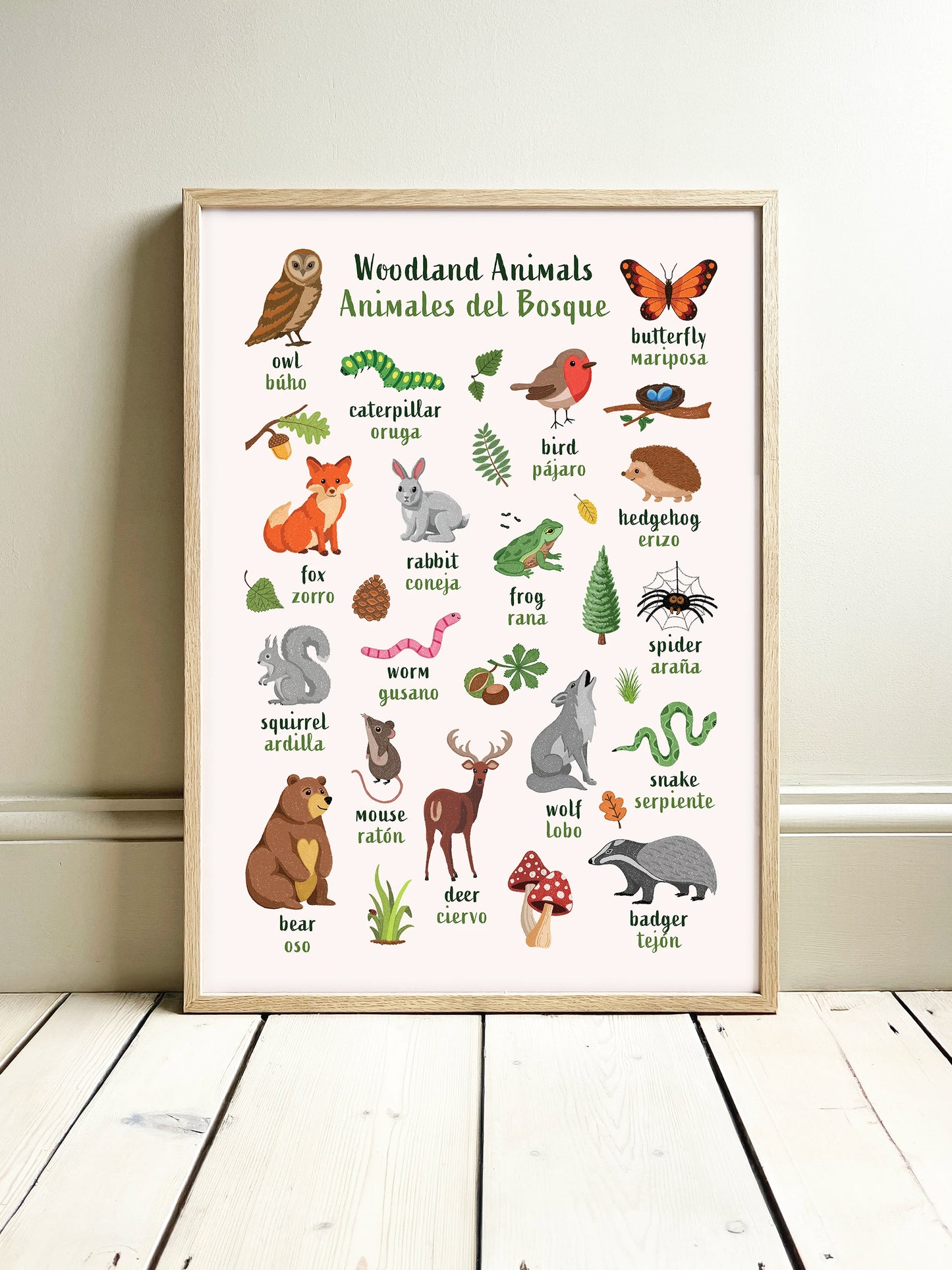 Learn English & Spanish with Woodland Animals Poster