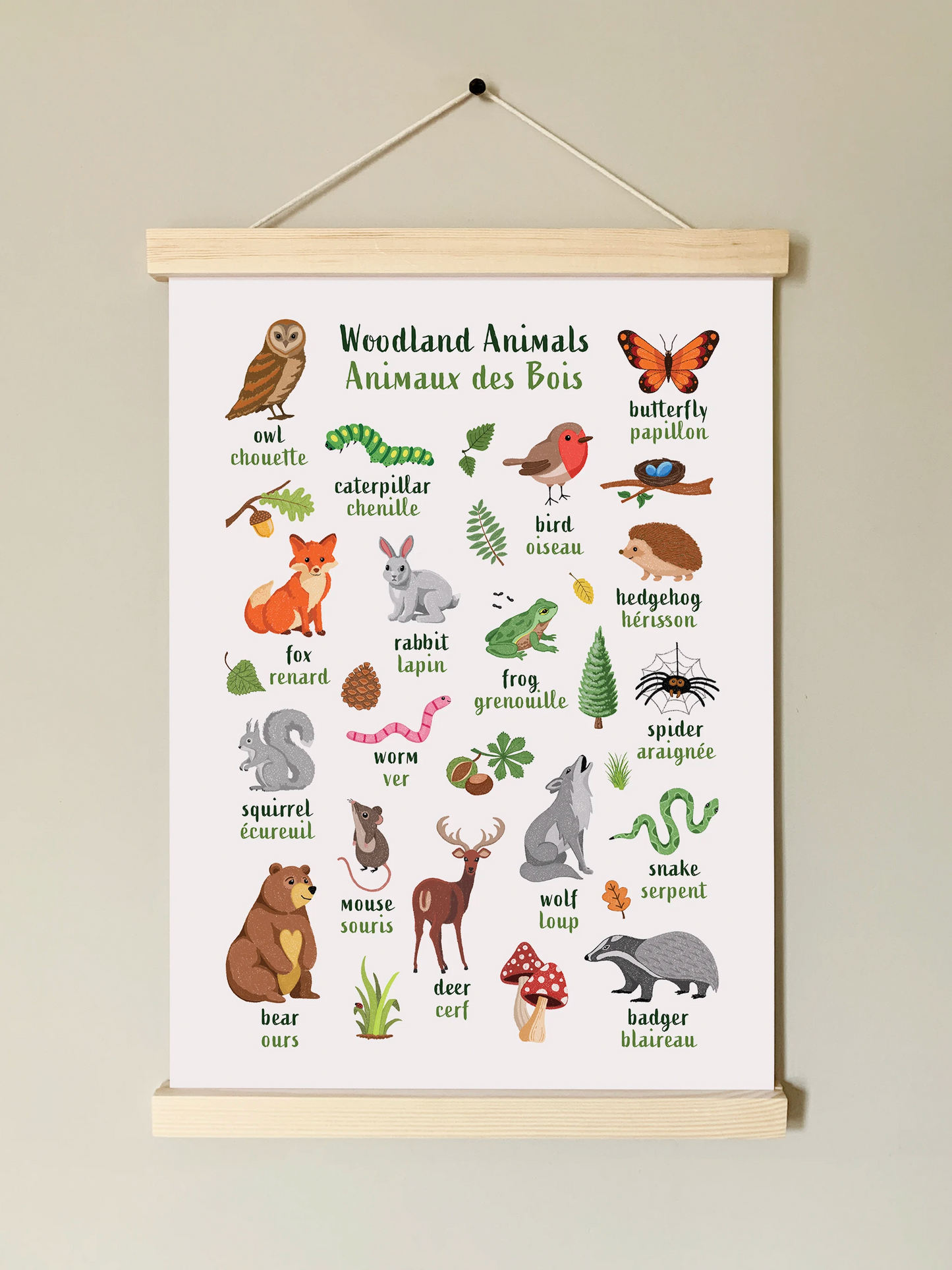 Learn English & French with Woodland Animals Poster
