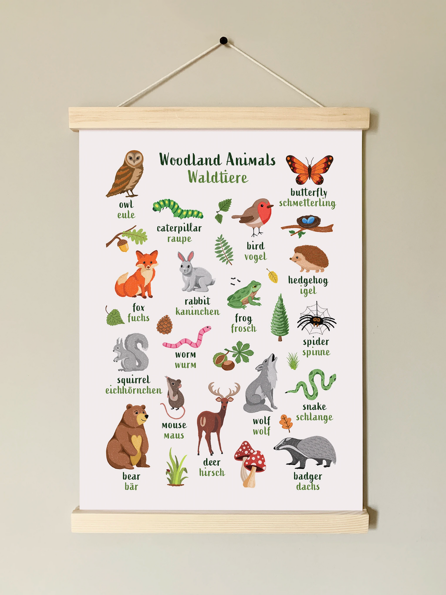 Learn English & German with Woodland Animals Poster