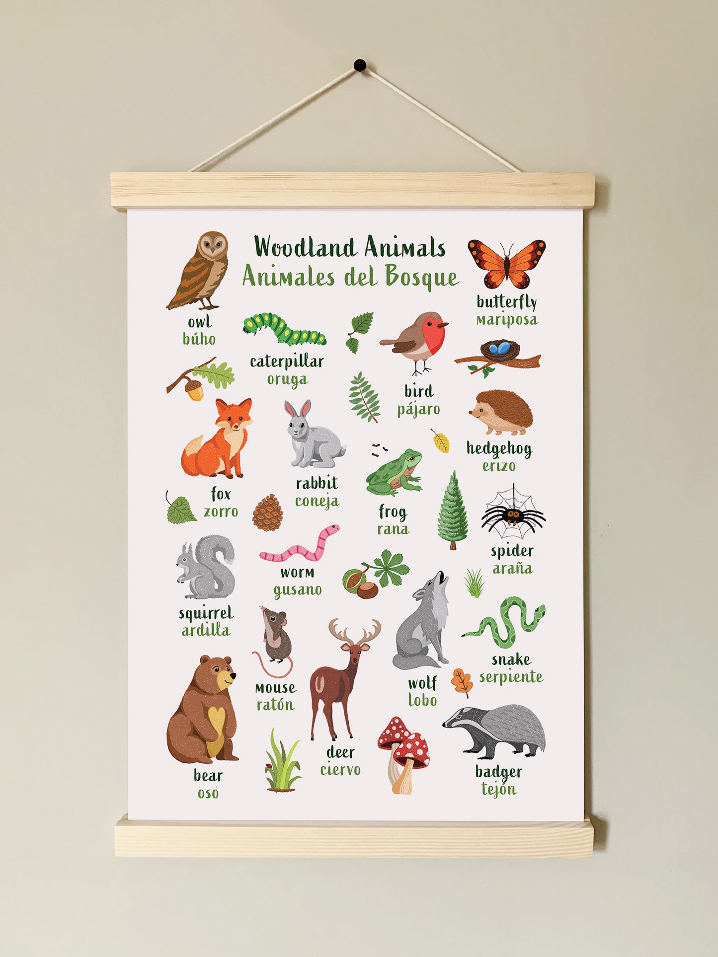 Learn English & Spanish with Woodland Animals Poster