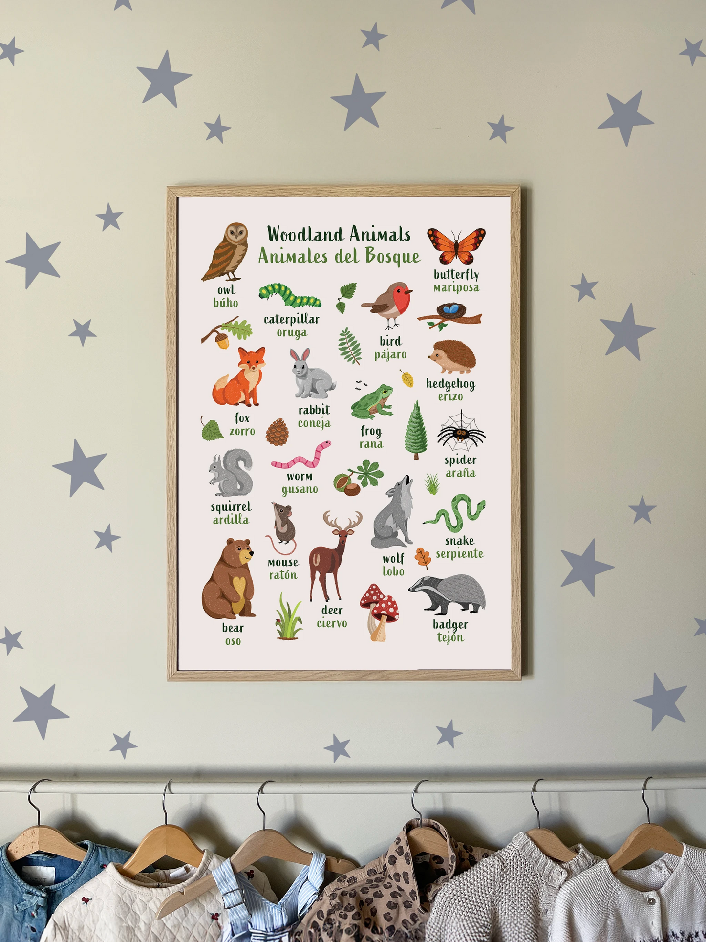 Learn English & Spanish with Woodland Animals Poster