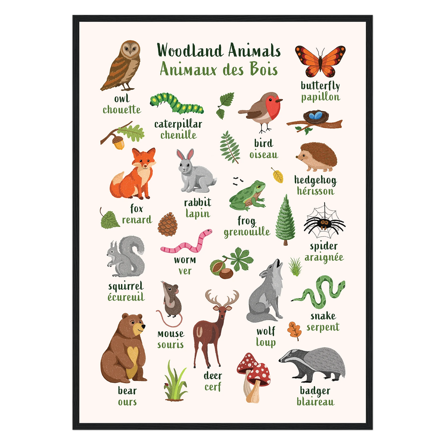 Learn English & French with Woodland Animals Poster