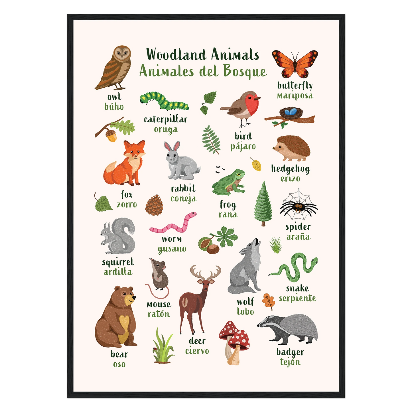 Learn English & Spanish with Woodland Animals Poster