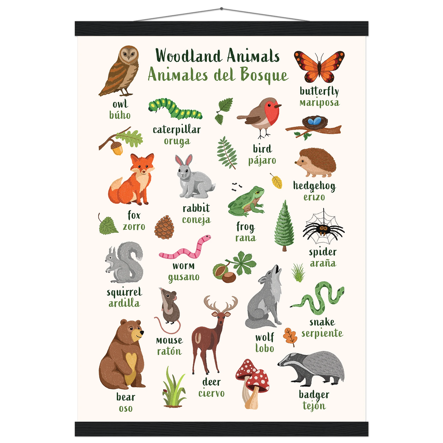 Learn English & Spanish with Woodland Animals Poster