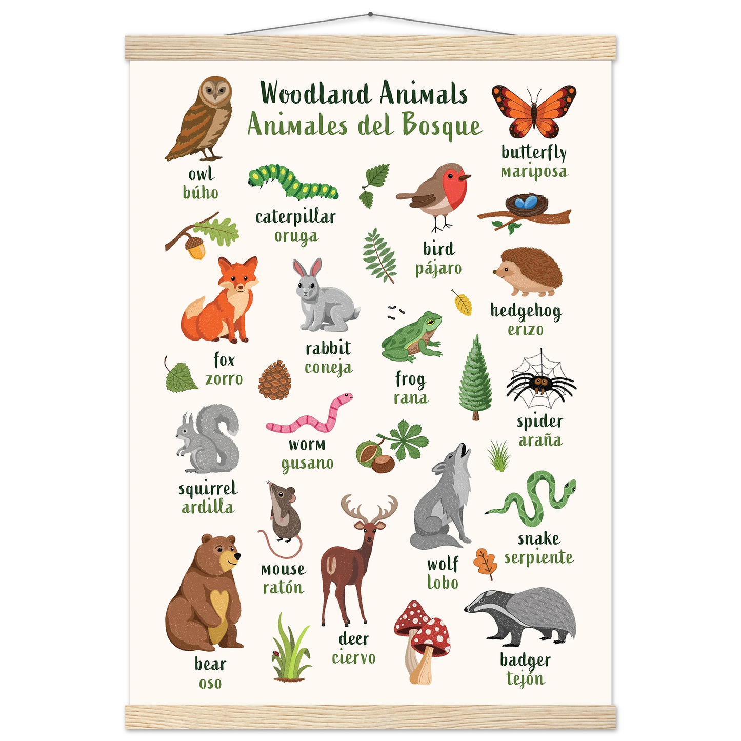 Learn English & Spanish with Woodland Animals Poster