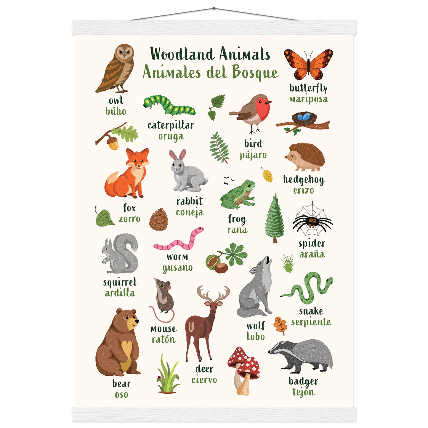 Learn English & Spanish with Woodland Animals Poster