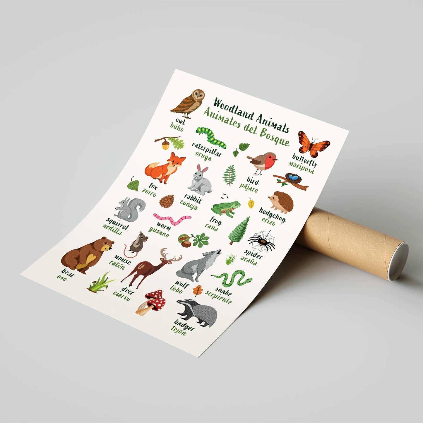 Learn English & Spanish with Woodland Animals Poster