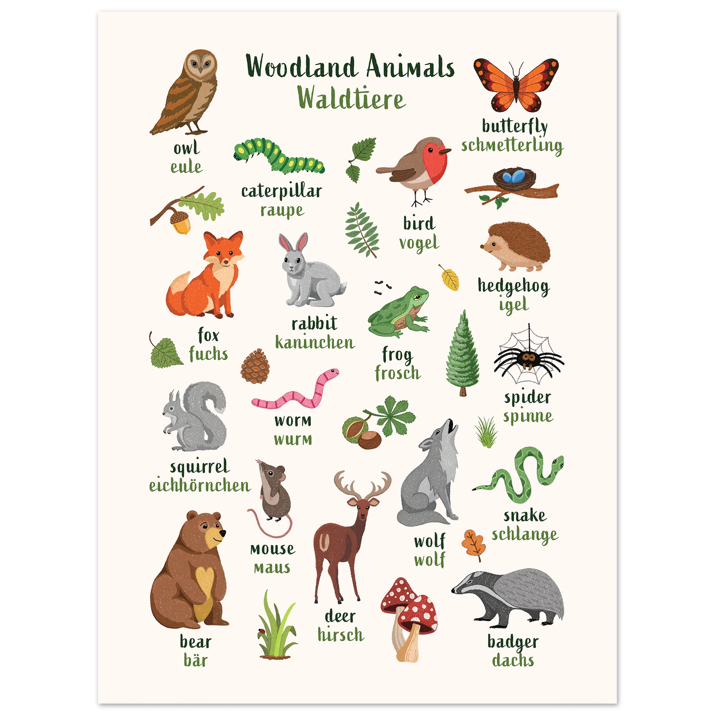 Learn English & German with Woodland Animals Poster
