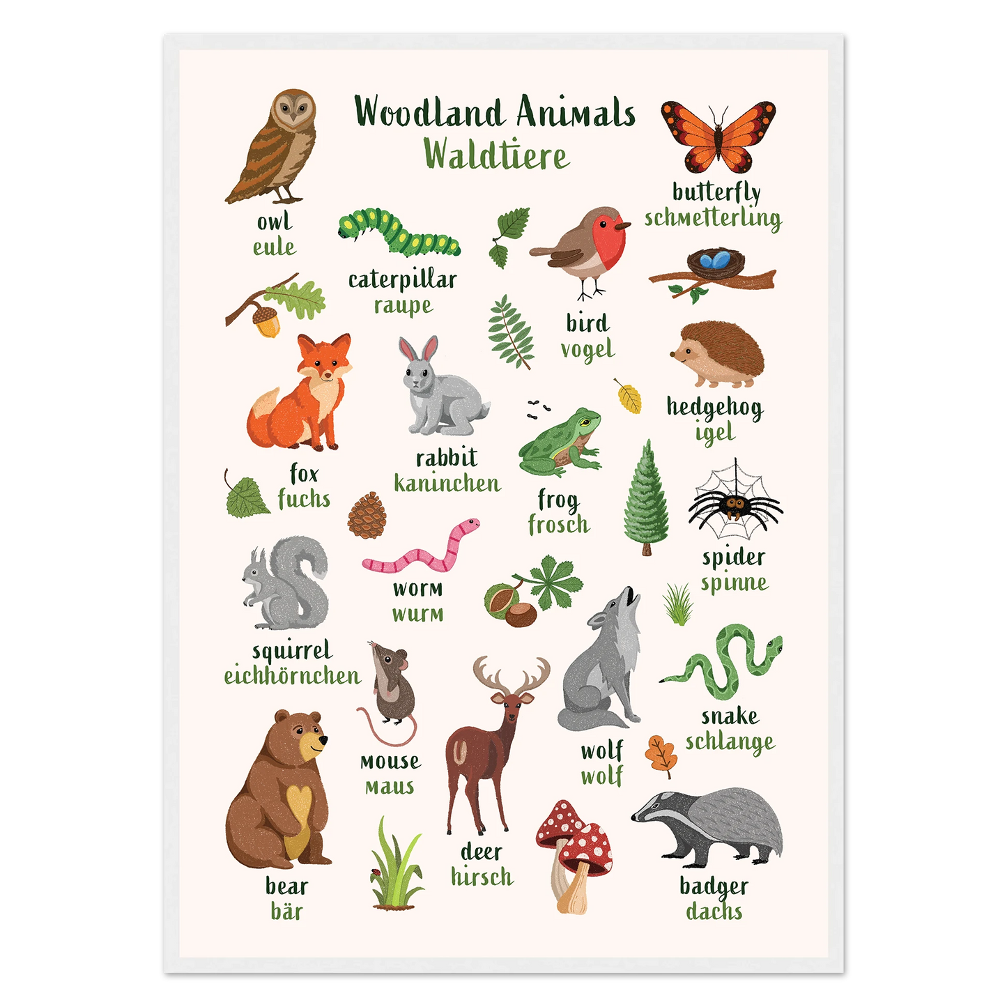 Learn English & German with Woodland Animals Poster