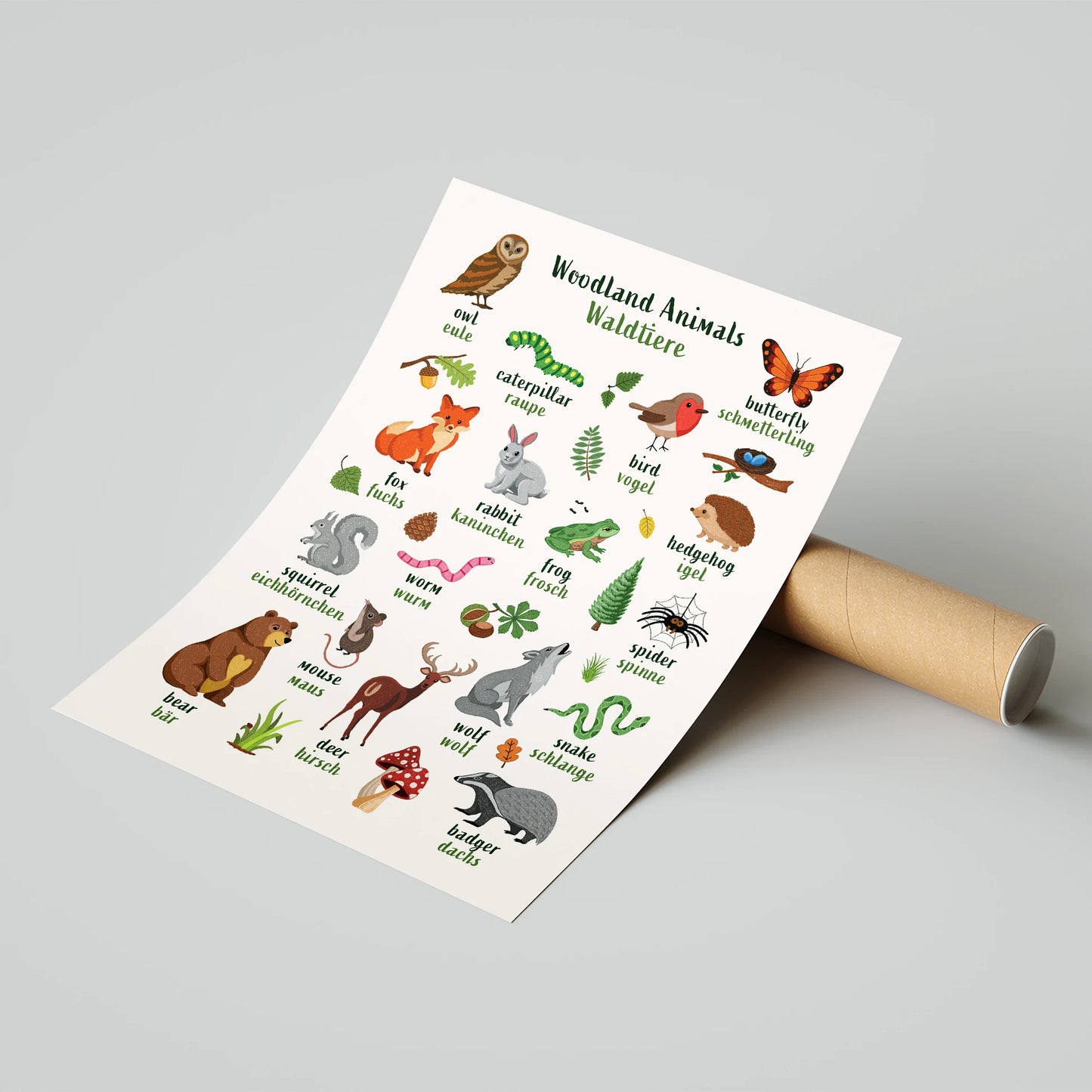 Learn English & German with Woodland Animals Poster